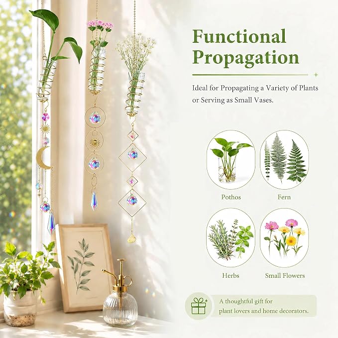 HDCRYSTALGIFTS 4Pcs Crystal Suncatchers with Propagation Stations,Glass Wall Planters for Indoor Plants Hydroponics - Propagation Tubes Jars with Sun Catchers Metal Chain for Home Whimsical Decor