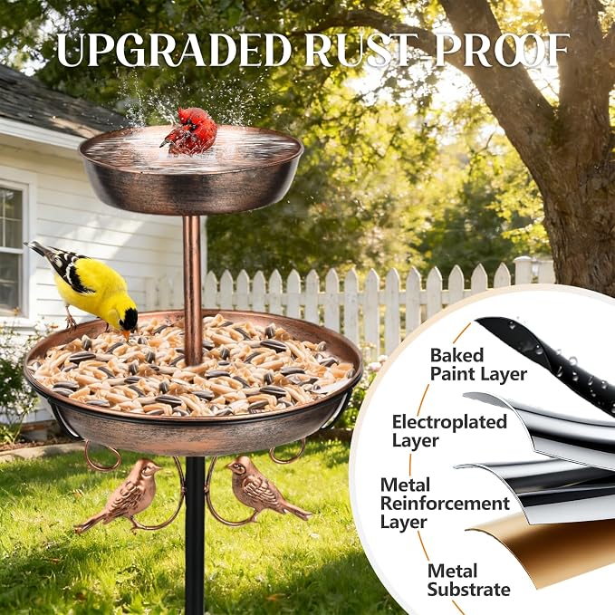 43" 2-Tier Metal Bird Bath and Feeder for Outdoor, 12" and 8" Dia Double Removable Bowl Bird Baths for Outside Standing Vintage Birdbath with Two Bowl Feeder, Garden Patio Lawn Decor