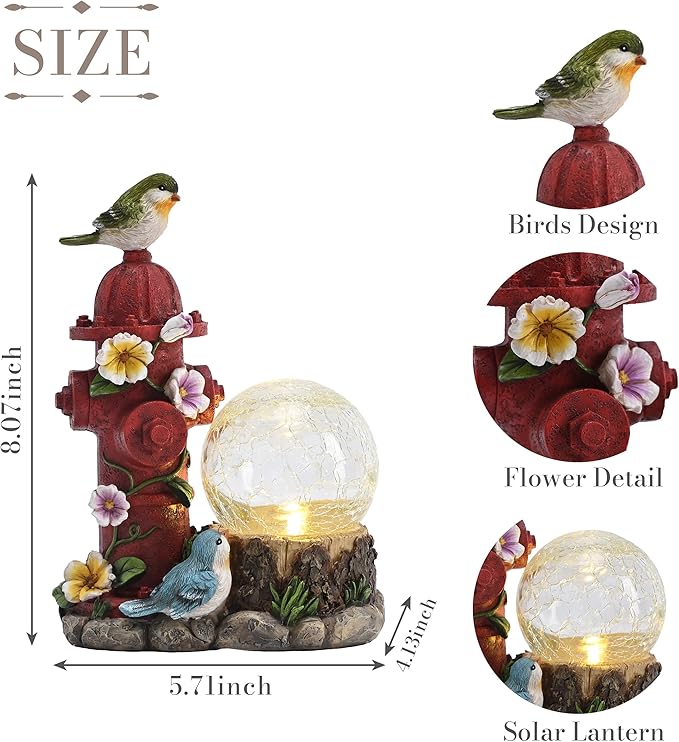 TERESA'S COLLECTIONS Garden Decor, Cute Birds and Hydrant Garden Statue with Solar Light Glass Ball, Waterproof Resin Outdoor Statue, Cute Bird Decor, Garden Gift for Women Mom, Indoor/Outdoor