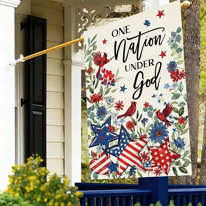 Baccessor 4th of July Cardinal House Flag 28 x 40 Inch Double Sided Burlap,the One Nation Under God Patriotic Memorial Day American Summer Yard Holiday Seasonal Outdoor Outside Decoration