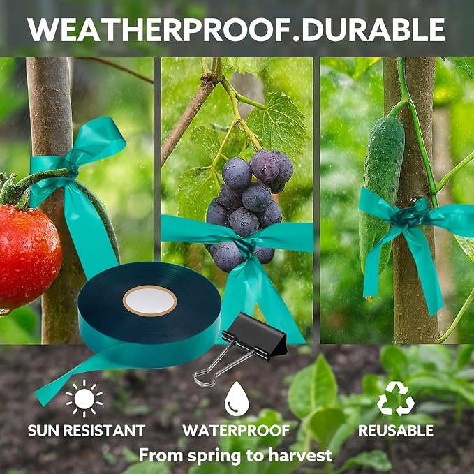 Plant Tie Tape, 1 in x 197 ft Stretchable Green Garden Tape for Plants, Soft Non-Adhesive PVC Plant Ties for Tomatoes, Grapes, Vines, Trees, Branches & Climbing Plants, 2 Rolls