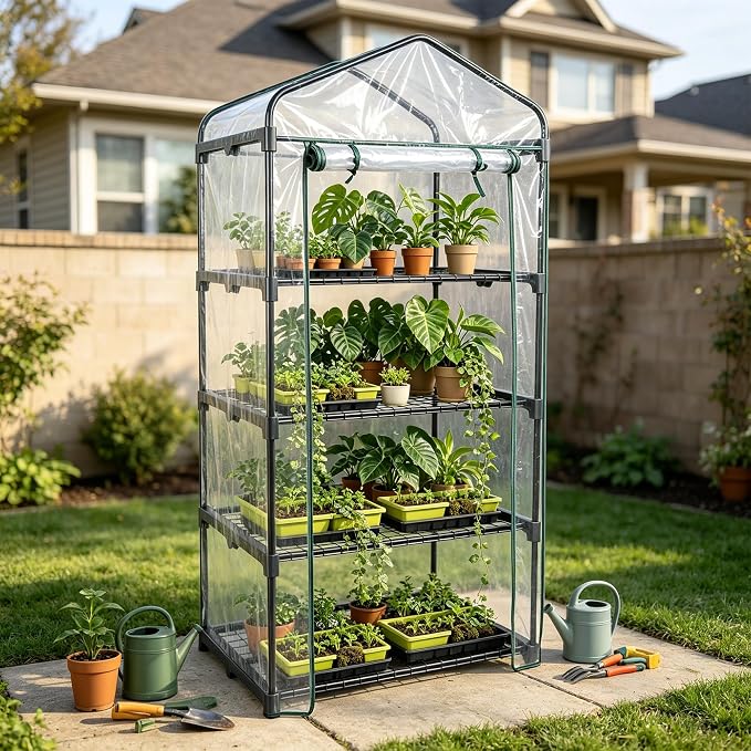 KOL 27x19x63 in PVC Cover 4-Tier Mini Greenhouse, Indoor Outdoor | Portable seed starter plant stand, winter orchid frost protection, for apartment balcony patio