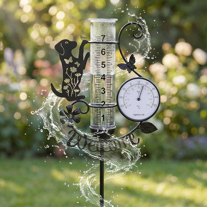 Rain Gauge Outdoor with Thermometer, 7" Capacity Detachable Rain Gauges Outdoors Best Rated with Stake, Cute Dog with Flowers & Butterflies Design Decorative for Garden Yard, Easy-Read Durable