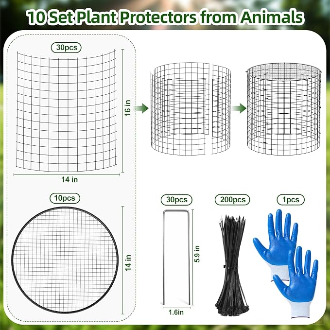 SPECILITE 10 Pack Plant Protector from Animals, 14"x16" Pre-Bent Wire Metal Mesh & Covers to Keep Rabbits, Squirrels, Chickens Out, Protects Vegetables, Flowers, Shrubs with Zip Ties, Stakes & Gloves