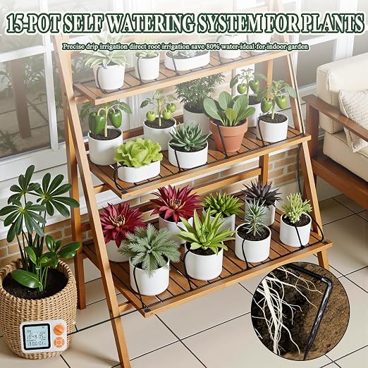 Automatic Watering System for Potted Plants, Indoor Auto Plant Waterer with Programmable Timer, Soil Moisture Sensor self Watering Device for 15 Plants, Ideal for Travel, Vacation, Away