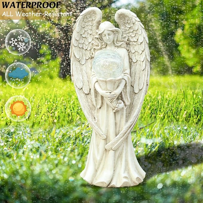 Angel Statues for Garden-Garden Angels Outdoor Statue - Solar Angels Figurines Holding Glass Ball Flower for Outdoor Decor or Housewarming