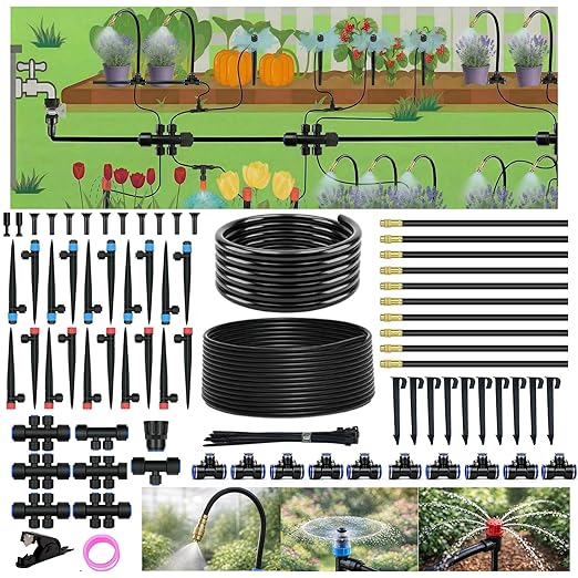 240FT Drip Irrigation System for Garden: 1/2" Quick Connect PE Tubing Automatic Water Sprinkler Kit Adjustable Misting Part 1/4" Watering Hose for Outdoor Raised Bed Plants Flower Yard Greenhouse