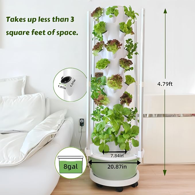 Hydroponic Growing Tower with LED Lights, 8-Layer 32 Large Planting Sites, Automatic Watering System with Dual Timer, Indoor Vertical Garden for Tomatoes, Peppers, Cucumbers, Herbs and Vegetables