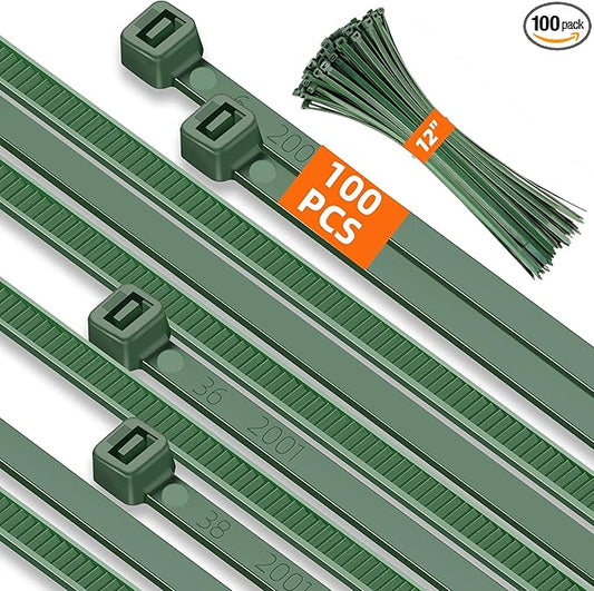 12 Inch 4.8mm Green Zip Ties, 55 Lbs PA66 Heavy Duty Plastic Wire Ties, Premium Self-locking Nylon Cable Ties Decoration Tie Wraps for Christmas Tree Oudoor Infoor Gardening Fence Grid Wall, 100 Pcs