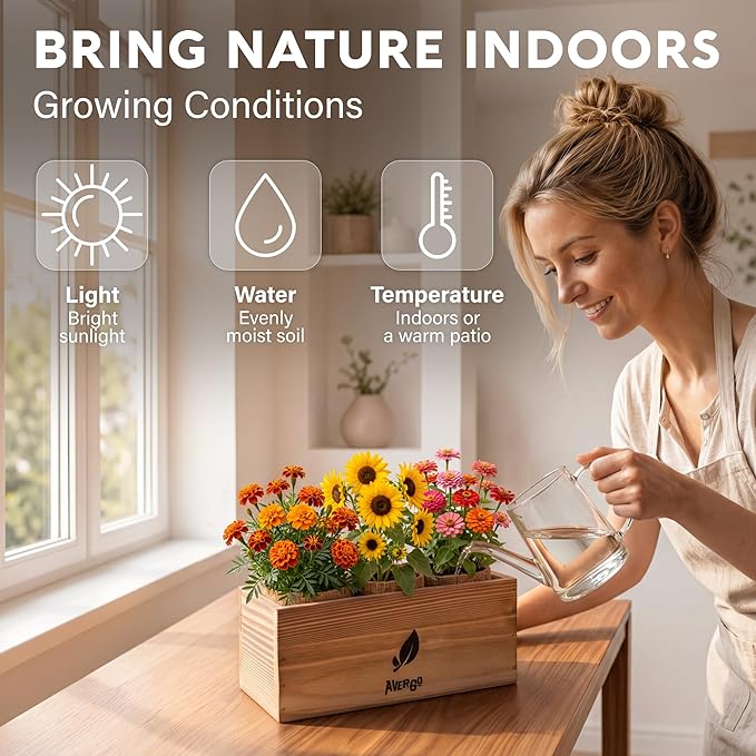 AVERGO Sunflower, Marigold & Zinnia Flower Seeds Growing Kit | Complete Indoor & Outdoor Kit with Seeds for Planting, Planters, Soil, Tools, Instructions
