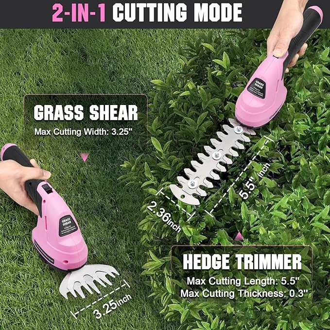 2-in-1 Cordless Grass Shear and Hedge Trimmer - Pink, 8V Handheld Electric Shrub Trimmer/Grass Cutter with Rechargeable Lithium-Ion Battery and Type-C Charging Cable