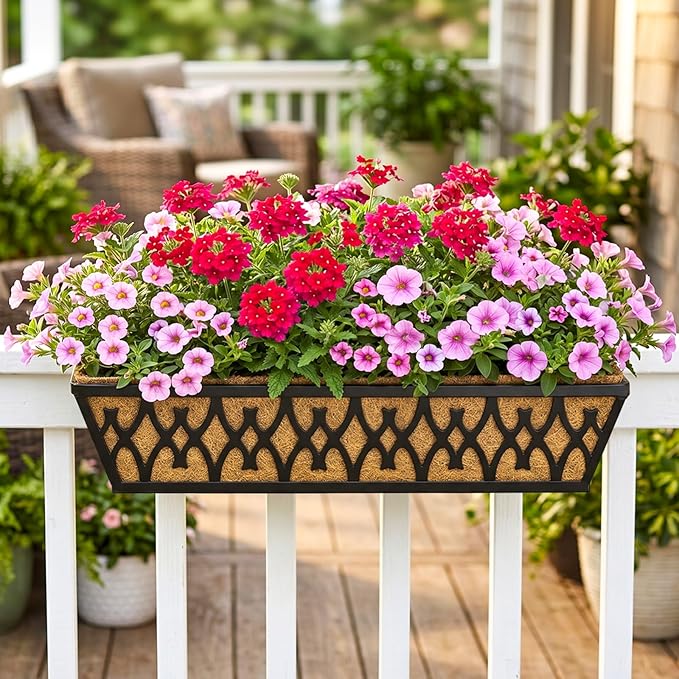 4 Pack 24 Inch Window Boxes Planters for Outdoor Plants Railing Planter Box with Adjustable Brackets for Windowsill Porch Fence Patio Hanging Flower Coco Baskets for Outside Decoration - Black