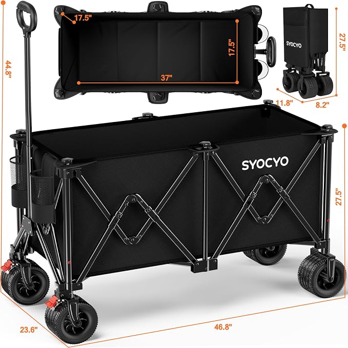 Beach Wagon Carts Foldable 570LBS Collapsible Wagon with Big All-Terrain Wheels for Sand 330L Heavy Duty Utility Carts with Cup Holders for Garden, Camping, Grocery, Black