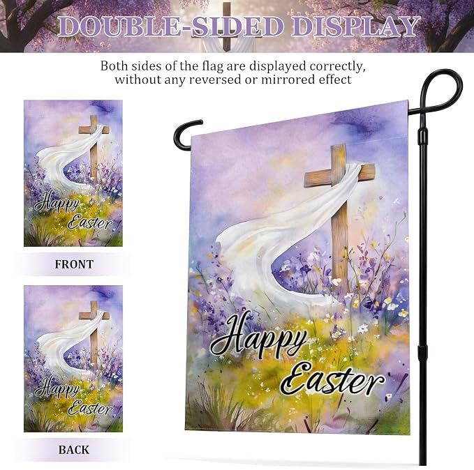 Easter Garden Flag 12x18 Inch Double Sided, Christian Cross Religious Happy Easter Decor, Burlap Small Spring Yard Banner for Outside Seasonal Holiday Decoration