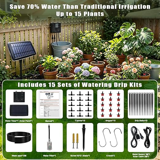 Irrigation System for Garden with Solar Panel, Automatic Drip Irrigation Kits 49FT Hose, Smart Timer Solar Irrigation System for Garden, Patio, Small Farm, Prevent Plants Wither (15 Pots)