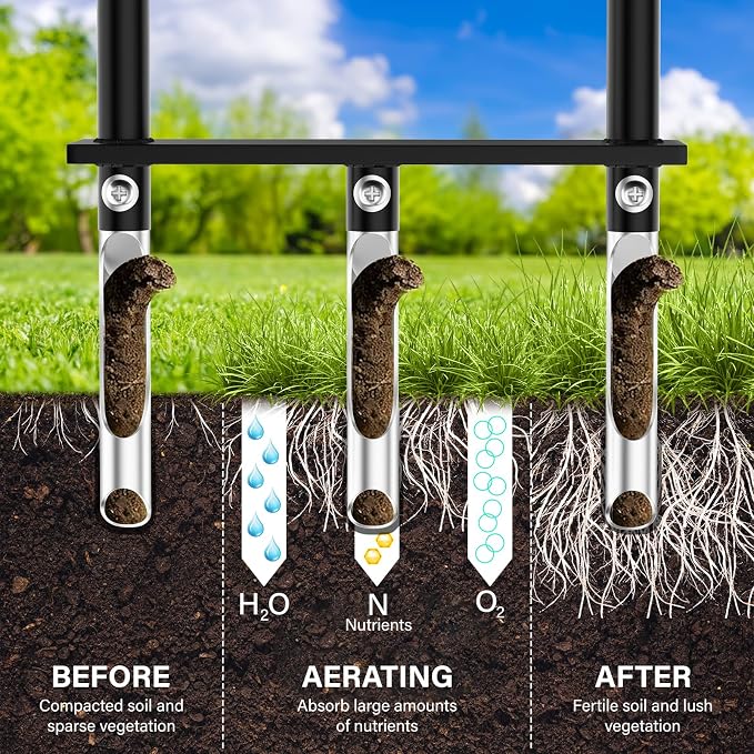 VASALAID Lawn Aerator Tool, Manual Core Lawn Aerator with 3 High Strength Stainless Steel Tines, Less Prone to Clogging Heavy Duty Grass Aerating Tool for Keep Your Lawn and Garden Healthy