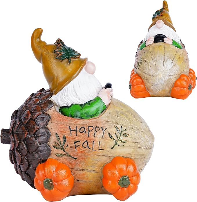 Topadorn Fall Gnome Pine Cone Car Figurine, Resin Harvest Gnome Statue with Pumpkin Wheels and Happy Fall Sign, Thanksgiving Table Decoration, Farmhouse Autumn Decor for Indoor & Outdoor