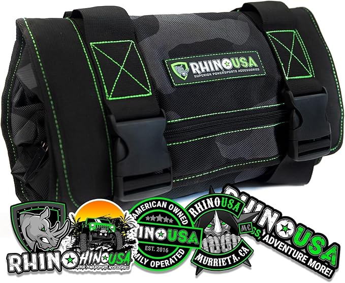 Rhino USA Tool Bag Roll - Heavy Duty Canvas Organizer Pouch for Tools - Ultimate Travel Tool Storage Kit for UTV, Car, Truck, 4x4 Offroad - Upgraded with Labeled & Removable Pouches - Secured for Life