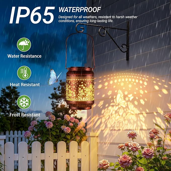 KOOPER Solar Lanterns Outdoor Waterproof Birthday Gifts for Women Mon Grandma, 2 Pack Brighter Hummingbird Hanging Solar Lantern Lights Outdoor, Metal Outdoor Decoration for Yard (Butterfly and Rose)