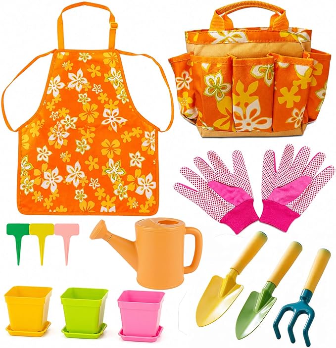 Kids Gardening Set for Girls Boys Ages 3-7,13PCS Garden Tool Kit with Apron,Tote Bag,Outdoor STEM Learning Toy,Garden Gifts for Kids