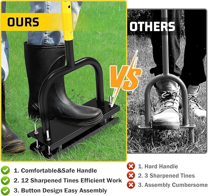 Lawn Aerator Tool, Core Aerator Lawn Tool with 12 Spikes, Automatic Dirt Clean with Spring-Loaded, Manual Grass Aerator Spike Lawn Coring Aerator for Yard Lawn Aeration Soil Loosening Garden Yellow