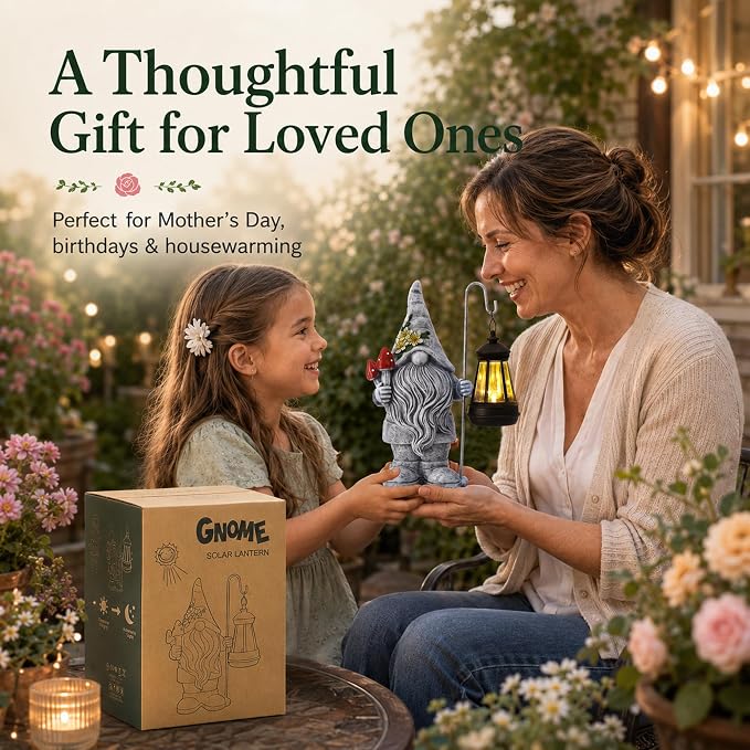 Garden Gnome Statue with Lantern: Outdoor Waterproof Sculpture | Home Yard Lawn Balcony Patio Porch Decorations, Birthday Gifts for Mom Women Grandma