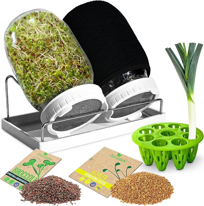 Broccoli Sprouting Kit & Green Onion Regrower with USA Organic Broccoli and Alfalfa Seeds– 2 Wide-Mouth Mason Jars with Sprout Lids, Stainless Stand, Drain Tray, Blackout Sleeves & Cleaning Brush