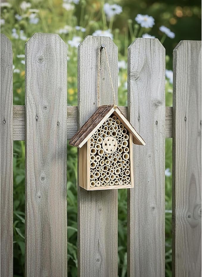 Redwood Mason Bee House - Solitary Bee Hotel & Wooden Pollinator House | Leafcutter Bee Hive with Easy-Hang Jute Rope | Weatherproof Insect Hotel & Outdoor Garden Decor for Pollinators