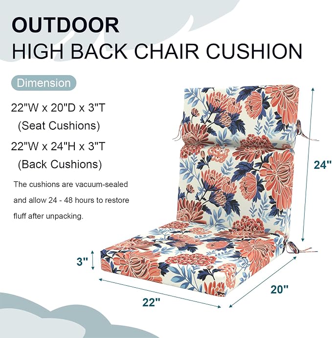 DYTXIII Outdoor High Back Chair Cushions Set of 2, 44"x22" Water Repellent Patio Seat Cushions with Elastic Sponge, All Weather Chair Pads for Rocking, Dining Chairs, Patio Furniture - Ruby Flower