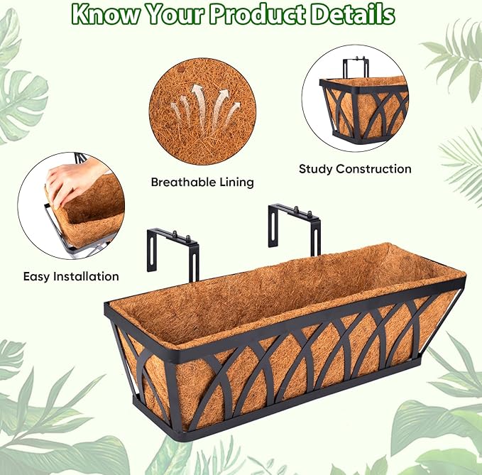 LCHUANG Deck Railing Planter Window Box - 2 Pack 30 Inch Deck Balcony Rail Planter with Coconut Coir Liner, Fence Metal Hanging Flower Planter Basket Deck Railing Planter Boxes for Outdoor Lawn