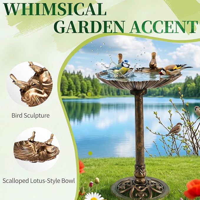 VINGLI Pedestal Bird Bath, Copper Resin Birdbaths Weather Resistant Floral Accents and Vintage Finish Garden Decor for Outdoor Lightweight Courtyard (Copper-Shell-Shaped with Solar Pump)