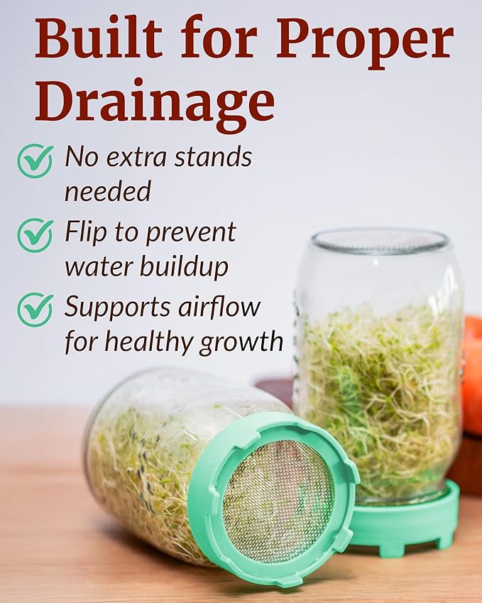 Elementi Sprouting Lids for Wide Mouth Mason Jars (Set of 2), Sprouting Jar Kit for Organic Sprouts, Alfalfa & Mung Bean Sprouts Grow Kit, 316 Stainless Steel Mesh Screen Strainer Lid (Mint)