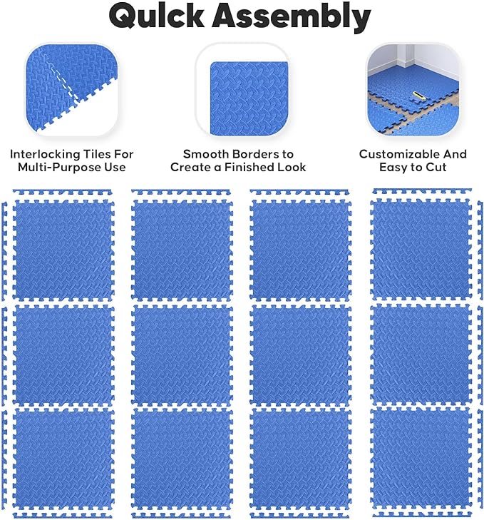 36 Pack Home Gym Mat, Puzzle Exercise Mat, EVA Interlocking Foam Floor Tiles for Home Workout Equipment and Kids' Play Areas -, 24 in x 24 in x ½ in, Blue 36 Tiles