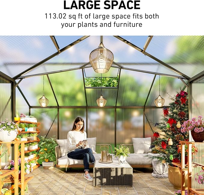 12X12FT Green Houses for Outside, Large Greenhouse for Outdoors and Garden Planting, Walk in Greenhouse Kit with Electronic Thermometers, Withstands Strong Wind or Snow to Protect Vegetables or Plants