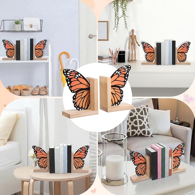 Decorative Butterfly Bookends Wooden Acrylic Butterflys Bookend Modern Bookshelf Decor Accent Book Stopper Decor for Home Farmhouse Shelves Office Lover Gift (Monarch Butterfly)