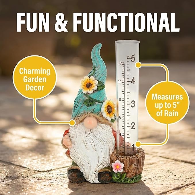 The Bridge Collection Cute Garden Gnome Rain Gauge (Green)