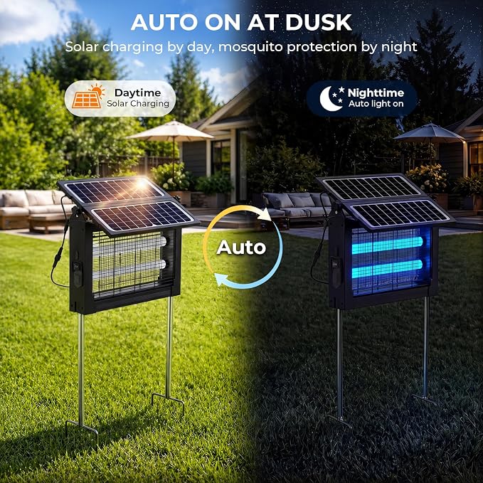 Solar Bug Zapper, 4500V Mosquito Zapper Outdoor Waterproof with Dual Solar Panel, USB Rechargeable Mosquito Killer, Cordless Fly Insect Zapper Waterproof for Patio Yard Garden Home Camping