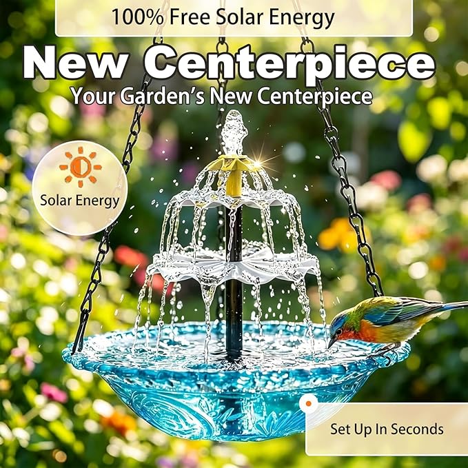 New Hanging Solar Bird Bath Fountain,3 Layers Hanging Bird Bath for Outside with Solar Fountain,Flowing Water Large Humming Birds Baths Fountains with Solar Pump & Plastic Bowl, for Outdoor, Gardens