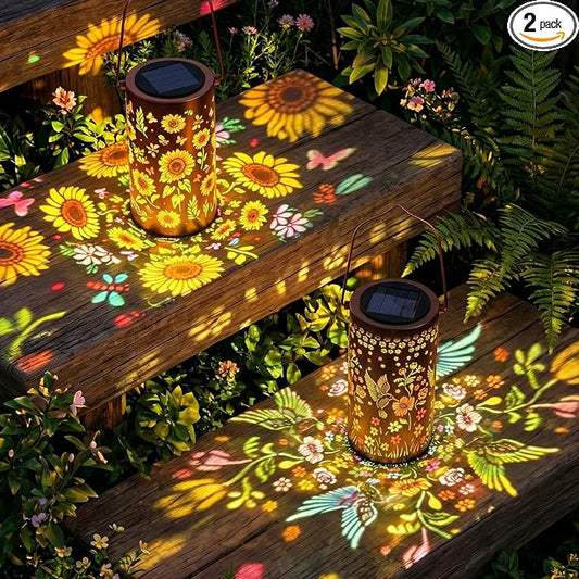 2 Pack Colorful Solar Lanterns Outdoor Waterproof, Garden Decor Gifts for Women Mom Grandma - LED Sunflower and Hummingbird Solar Powered Lights Metal Hanging Lantern for Outside Garden Patio Yard
