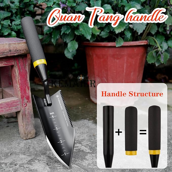 Kemaier Heavy-Duty Trowel Garden Tool, Stainless Steel Serrated Hand Shovel for Effortless Digging, Weed Control, and Precise Bulb Planting