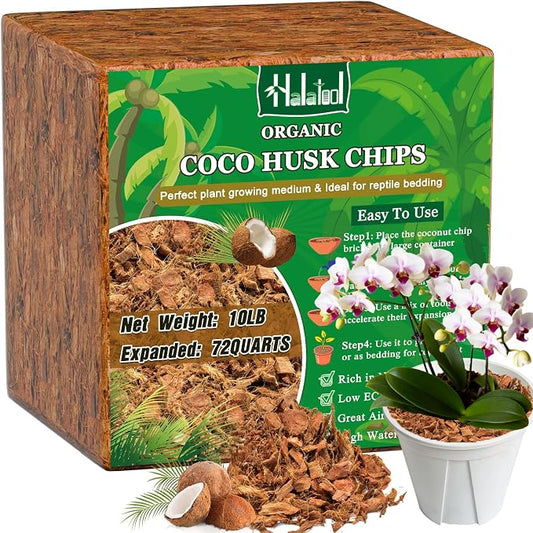 Halatool 10LBS Coco Husk Chips for Plants, Organic Coconut Mulch for Maintaining Moisture and Air & Absorb Water, Compressed Coco Soil Mix for Houseplant, Garden, Landscaping, Reptile Substrate