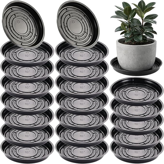20 Packs 10 Inches Large Black Plant Saucers for Indoor Outdoor Use Heavy Duty Plastic Plant Trays for Planter Bulk Flower Pot Drip Trays to Catch Water, 4 to 20 Inch