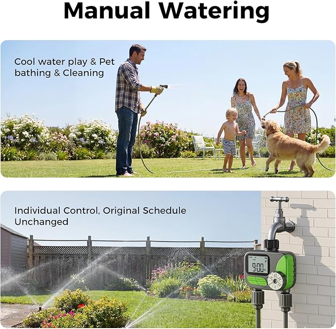 Sprinkler Timer- Hose Timer for Garden Hose, Programmable Watering Timer with Rain Delay, Outdoor Automatic & Manual Drip Irrigation Controller System for Lawn Yard Greenhouse, 2 Outlets