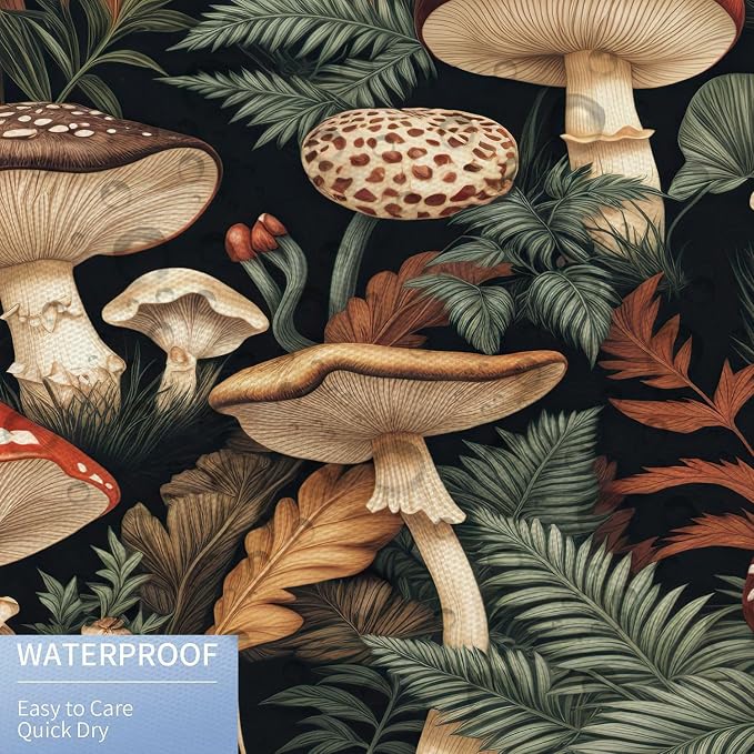 Retro Boho Mushroom Shower Curtain, Vintage Bohemian Witchy Dark Floral Botanical Bath Shower Curtain Set with 12 Hooks, Fairy Nature Plant Botanical Abstract Shower Curtain Bathroom 72"X72" Black