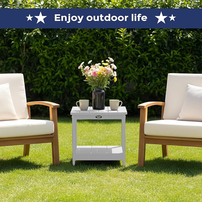 Adirondack Square Outdoor Side Table, 2-Tier Small Patio Side Table, HDPS End Tables for Porch, Deck, Backyard, Garden, Poolside, Beach, Easy Assembly, White