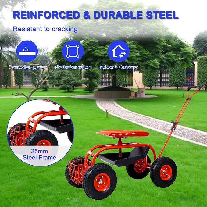 Heavy Duty Garden Cart Rolling Scooter with Adjustable Swivel Seat, 360° Rotation, 10" Pneumatic Tires, Extendable Steering Handle & Tool Basket – Outdoor Yard Gardening Seat with Storage Tray (Red)