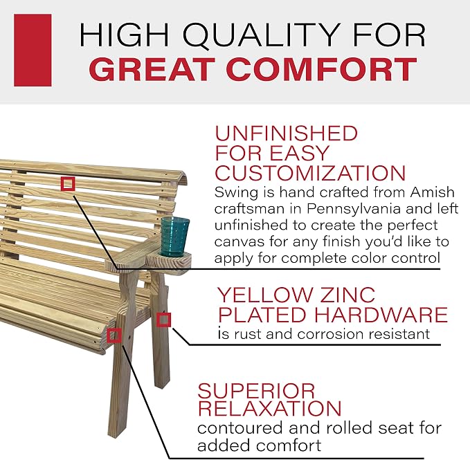 Amish Casual Heavy Duty Pressure Treated 5 Foot Outdoor Garden Bench with Cup Holders - Amish Crafted Roll Back Design in Unfinished, 700 Lb Weight Capacity