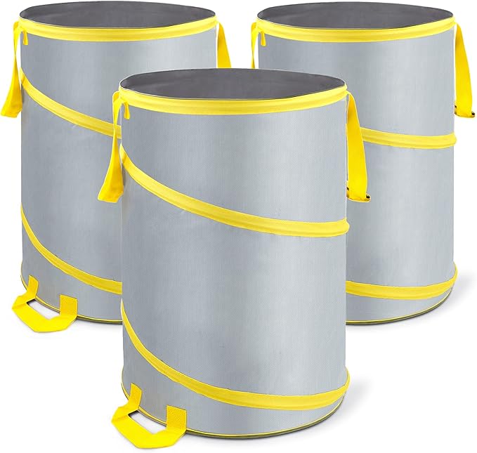 3 Pack 30 Gallon Collapsible Trash Can, Reusable Garden Leaf Bag, Pop-Up Portable Yard Waste Bags for Lawn Debris, Camping, Autumn Cleanup - Easy Storage & Carry