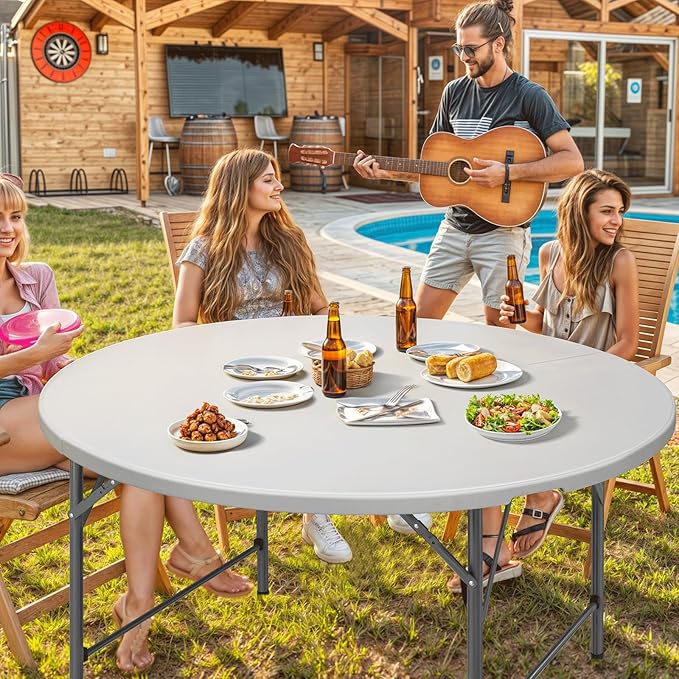 Magshion 60" Round Folding Table, 5 Feet Bi-Folding Plastic Commercial Dining Card Table w/Carrying Handle for Outdoor Wedding Party Event Picnic, White/Gray