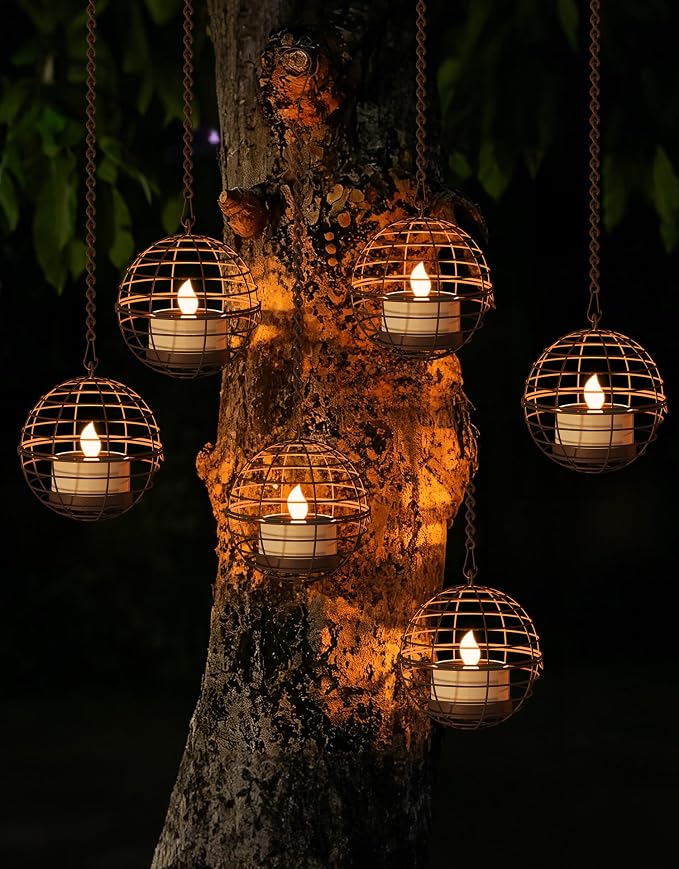 Large Solar Lights Outdoor Hanging Lanterns 12 Pack, Rustic Iron 4.3" Ball Solar Tea Lights with Flickering Flame Candle, Waterproof Hanging Lights for Backyard Patio Garden Fence Tree Pergola Décor
